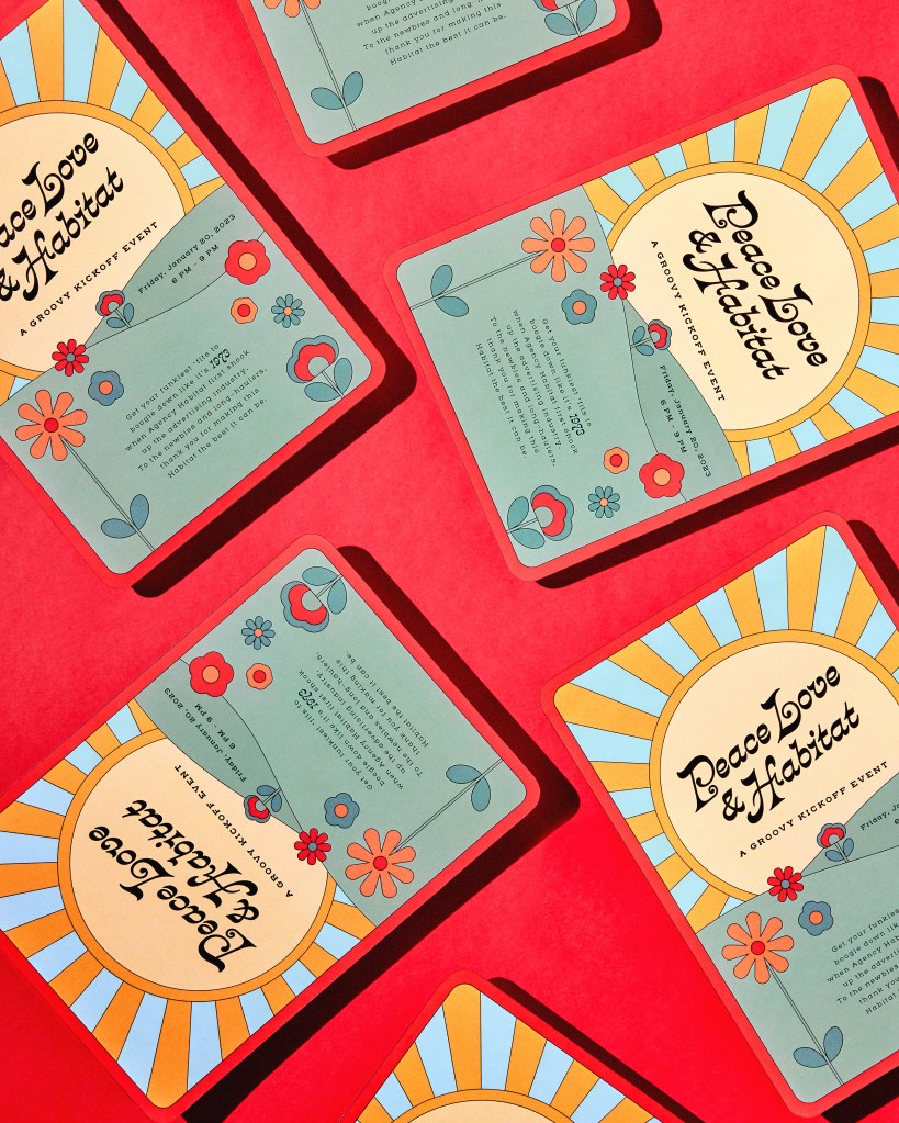 Colorful event invitations for 'Peace Love & Habitat' featuring floral designs, a sun graphic, and details about the groovy kickoff event.